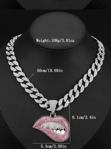 Hiphop Cuban link ketting detail met roze strass lippen hanger en 50 cm specificaties
