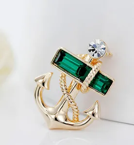 Vintage Alloy Nautical Anchor Brooch Pin With Emerald Green Crystal Rhinestone Gold Plated Maritime Jewelry For Suit Dress