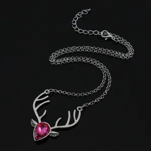 Fashion Reindeer Antler Pendant Necklace For Women Alloy Water Drop Heart Crystal Rhinestone Christmas Gift Sweet Elegant Jewelry