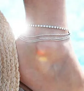 Three-layer silver anklet with sparkling rhinestones and bead chains for women