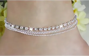 Elegant silver multilayer anklet with sparkling rhinestones and delicate beads