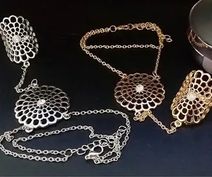 Detailed view of hollow mandala flower ring bracelet with sparkling rhinestone in gold and silver