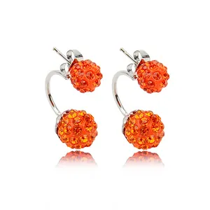 Orecchini a doppia sfera con cristalli Shamballa arancioni e supporto in metallo argento