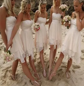 Short pink bridesmaid beach dress with lace embroidery and layered chiffon hem