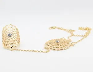 Detail of gold hollow flower ring bracelet featuring sparkling rhinestone centerpiece