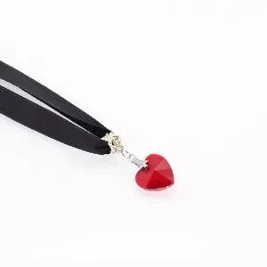 Lace velvet choker necklace with a faceted red crystal heart pendant for women