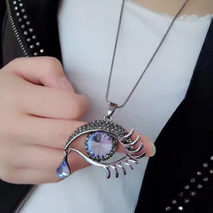 Collana Vintage in Lega con Ciondolo a Occhio Cristallo e Lacrima Strass Decorata Catena a Osso di Serpente Collana Lunga per Maglione Donna