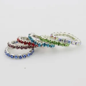 Set of 6 colorful rhinestone stretch toe rings in silver-tone adjustable metal