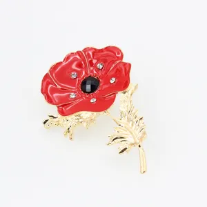 Vintage Red Poppy Flower Brooch For Women Gold Plated Zinc Alloy Enamel Rhinestone Floral Pin Wedding Banquet Jewelry Gift