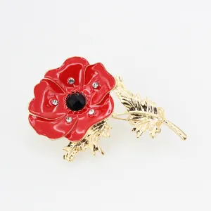 Elegant red poppy brooch with gold plating, enamel finish and crystal details