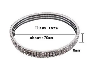 Bracelet de cheville extensible argenté à trois rangées de strass, 8mm large, 70mm diamètre