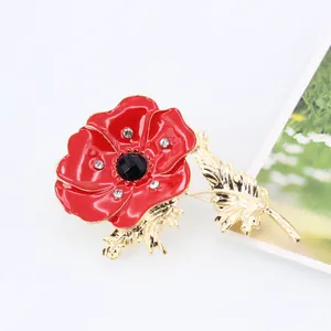 Elegant red poppy flower brooch with enamel petals and gold stems for women