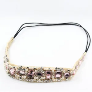 Vintage Handmade Beaded Headband With Pink Crystals Faux Artificial Pearls Elastic Hair Band For Women Wedding Party Hair Accessories
