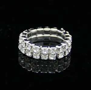 Elegant double-row square-cut sparkling diamond elastic ring with polished silver finish