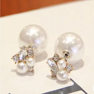 Elegant Double Sided Faux Pearl Stud Earrings Gold Plated Alloy Rhinestone Flower Cluster Vintage Jewelry For Women Wedding Party