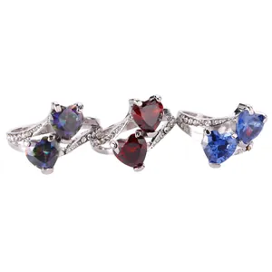 Silver double heart ring with crystal zircon stones in rainbow, red and blue colors