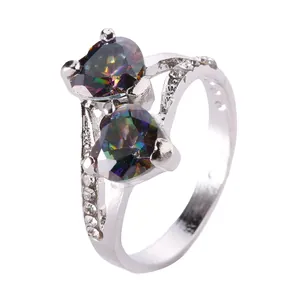 Silver S925 sterling silver ring with double heart-shaped mystic topaz and zircons