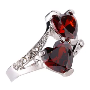 Elegant Alloy Double Heart Ring For Women Heart Cut Red Blue Zirconia Inlaid Silver Color Romantic Jewelry Finger Ring Gift