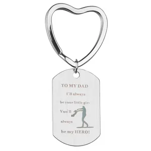 Stainless steel heart keychain with engraved Dad tribute and brushed metal finish tag