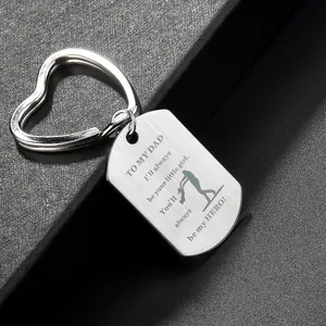 Macro view of brushed stainless steel keychain with engraved quote for father