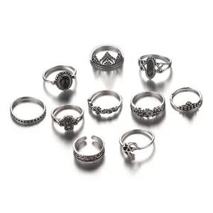 10-piece vintage bohemian ring set with silver finish, crown, moon and evil eye motifs