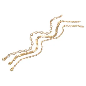 Three-layer gold fishbone and crystal anklet set with adjustable lobster clasp