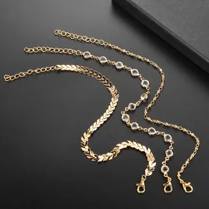 Three-layer gold fishbone and crystal anklet set with beads and V-shaped metal links