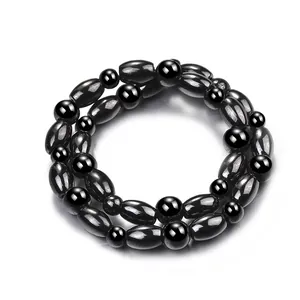 Bracelet de cheville magnétique en hématite noire avec perles rondes et ovales pour femme