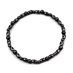 Bracelet de cheville en hématite magnétique avec perles noires ovales et rondes polies
