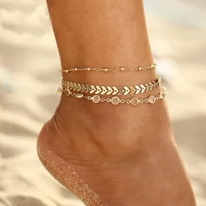 3 Layer Layered Alloy Crystal Fishbone Anklet For Women Bohemian Gold Silver Plated Arrowhead Adjustable Beach Jewelry Gift