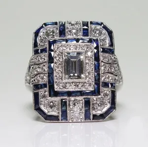 Anello Rettangolare in Cristallo di Lega Vintage Art Deco Per Donna Placcato Argento Zirconia Gioielli di Lusso