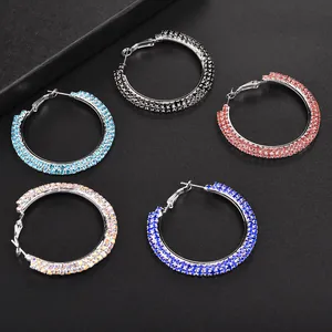 Sparkling oversized hoop earrings with triple-row rhinestones in five vibrant colors
