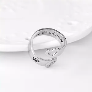 Silver adjustable open ring with heart and paw print pattern engraved love you forever