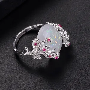 Luxury Alloy Tree Vine Branch Ring White Oval Opal Pink Zirconia Flower Ring For Women Vintage Nature Jewelry Finger Ring