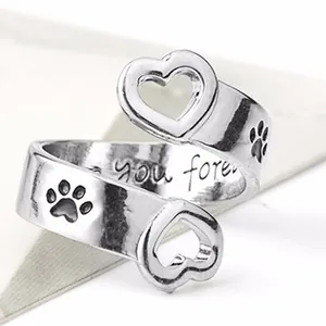 Fashion Alloy Open Adjustable Ring Hollow Heart Dog Paw Print Engraved Love You Forever Personalized Jewelry For Women