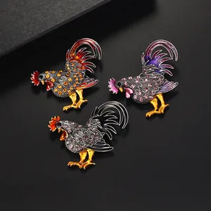 Juego de broches de gallo brillantes con diamantes de cristal de colores y esmalte