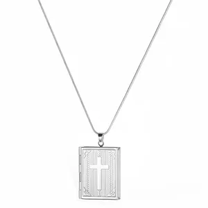 Vintage Alloy Cross Book Locket Necklace With Snake Chain For Women Religious Commemorative Fashion Jewelry Gift