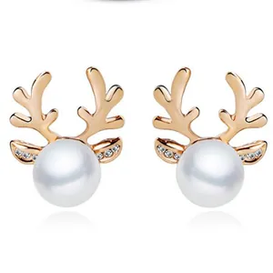 Christmas Reindeer Antler Pearl Jewelry Set For Women Alloy Rhinestone Elk Earrings Pendant Necklace Holiday Party Jewelry Gift