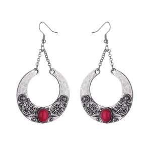 Vintage Ethnic Bohemian Crescent Drop Earrings For Women Alloy Inlaid Synthetic Gemstone Retro Silver Moon Jewelry