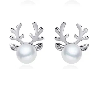Silver reindeer stud earrings with white pearls and sparkling rhinestones for Christmas