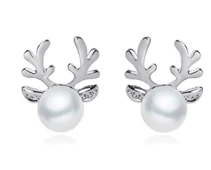 Christmas reindeer antler stud earrings with white pearls and sparkling zircons