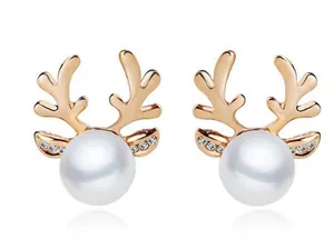 Christmas reindeer antler stud earrings with pearl and rhinestones in rose gold finish
