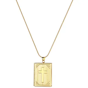 Golden rectangular cross locket necklace with sunburst texture on a sleek snake chain