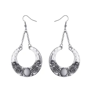 Bohemian style vintage silver crescent drop earrings with white gemstone for women