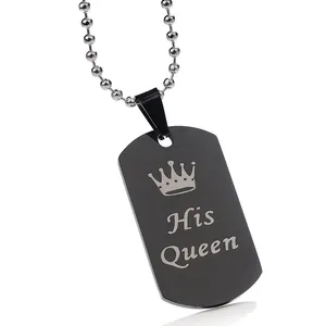 Colgante His Queen de acero inoxidable negro con corona y cadena de bolas