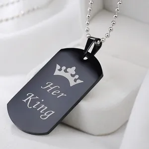 Collar Her King de acero inoxidable negro con grabado de corona y cadena de bolas