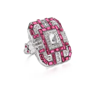 Luxury silver-plated ring with large rectangular pink crystals and micro-pave zircons