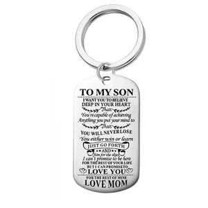Llavero de acero inoxidable pulido con placa grabada con frase motivadora para hijos