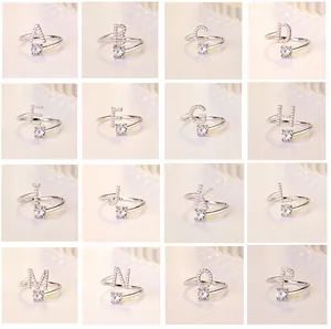 Bagues réglables en argent avec lettres en zircon étincelant dans un ensemble de 16 pièces