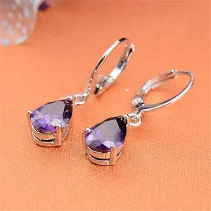 Fashion silver leverback earrings featuring pear-cut purple crystal teardrop stones